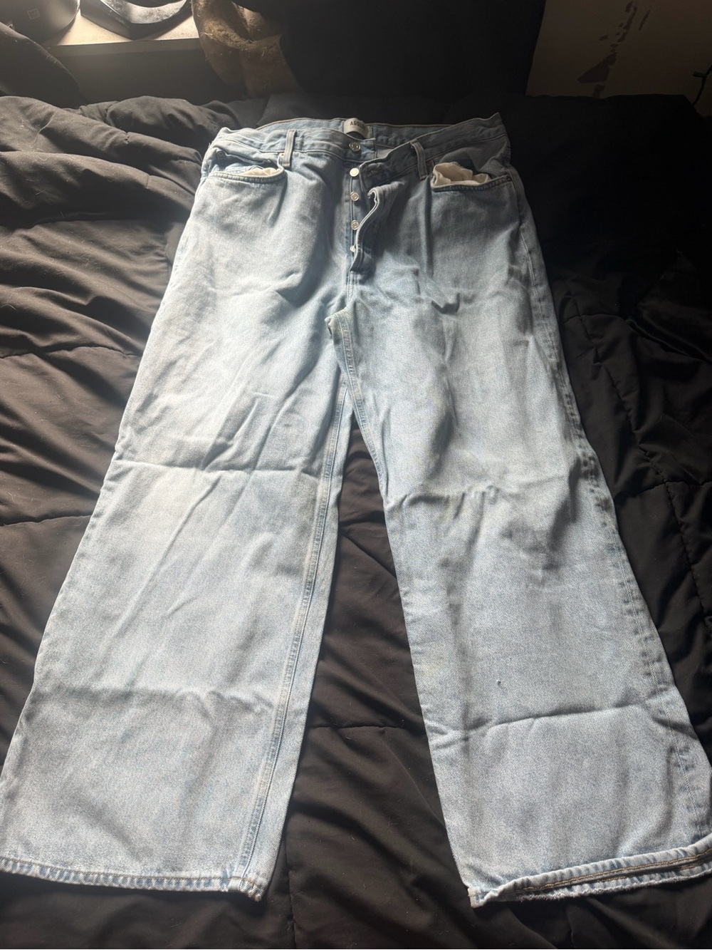 3 pairs Light Wash Wide Leg Jeans and beige.
